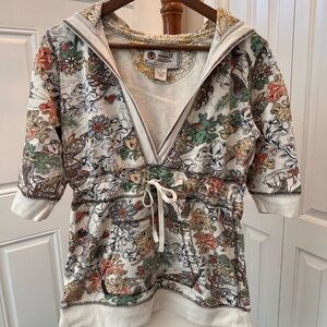 ONE WORLD Multicolor Floral Short Sleeve Y2K Boho V-Neck Hoodie